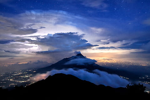 black, mountain, white, clouds, merapi, starry sky, thundercloud, city lights, yogyakarta, java island, indonesia, cloud - sky, sky, scenics - nature, beauty in nature, tranquil scene, tranquility, silhouette, nature, idyllic, no people, sunset, mountain range, non-urban scene, environment, majestic, landscape, outdoors, mountain peak, 5K, CC0, public domain, royalty free