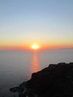 solnedgang, sol, Hellas, himmel, naturskjønnhet - natur, hav, ro, vann, skjønnhet i naturen, rolig scene, idylliske, horisont over vann, oransje farge, horisont, ingen folk, stein, natur, rock-objekt, Strand, ikke-urbane scene, utendørs, 2K, CC0, offentlig domene, opphavsrett gratis