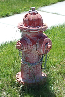 hydrant, brandkraan, rood, water, doven, gras, fabriek, veld-, dag, metaal, land-, roestig, natuur, geen mensen, buitenshuis, oud, detailopname, groene kleur, veiligheid, focus op de voorgrond, bescherming, milieu, verlaten, 4K, CC0, publiek domein, royaltyvrij