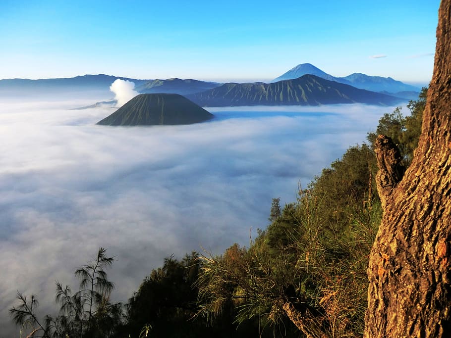 volcà, bromo, indonèsia, núvols, boira, superior, principal, paisatge, muntanya, escenics, cim de muntanya, blau, a l'aire lliure, Serra, escenics - natura, bellesa a la natura, arbre, escena tranquil·la, cel, planta, tranquil·litat, terra, escena no urbana, cap gent, naturalesa, geologia, idíl·lic, medi ambient, dia, destinacions de viatge, geografia física, cràter volcànic, poder a la natura, 2K