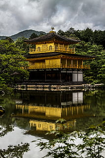 gull, svart, pagoda, fotografering av tempel, bygning, tinning, gul, tre, skog, vann, arkitektur, bygget struktur, bygge eksteriør, anlegg, sky - himmel, innsjø, refleksjon, himmel, natur, vannkanten, dag, ingen folk, reisemål, utendørs, sted for tilbedelse, 5K, CC0, offentlig domene, opphavsrett gratis