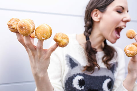 woman, wearing, white, shirt, bake, food, fingers, people, whimsical, lazy, lady, girl, eating, silly, funny, goofy, hands, donuts, hungry, playful, women, caucasian Ethnicity, adult, females, one Person, smiling, young Adult, young Women, donut, snack, holding, unhealthy Eating, sweet Food, one Woman Only, food and drink, only women, brown hair, indoors, baked, human body part, enjoyment, happiness, lifestyles, mouth, mouth open, hand, hairstyle, 5K