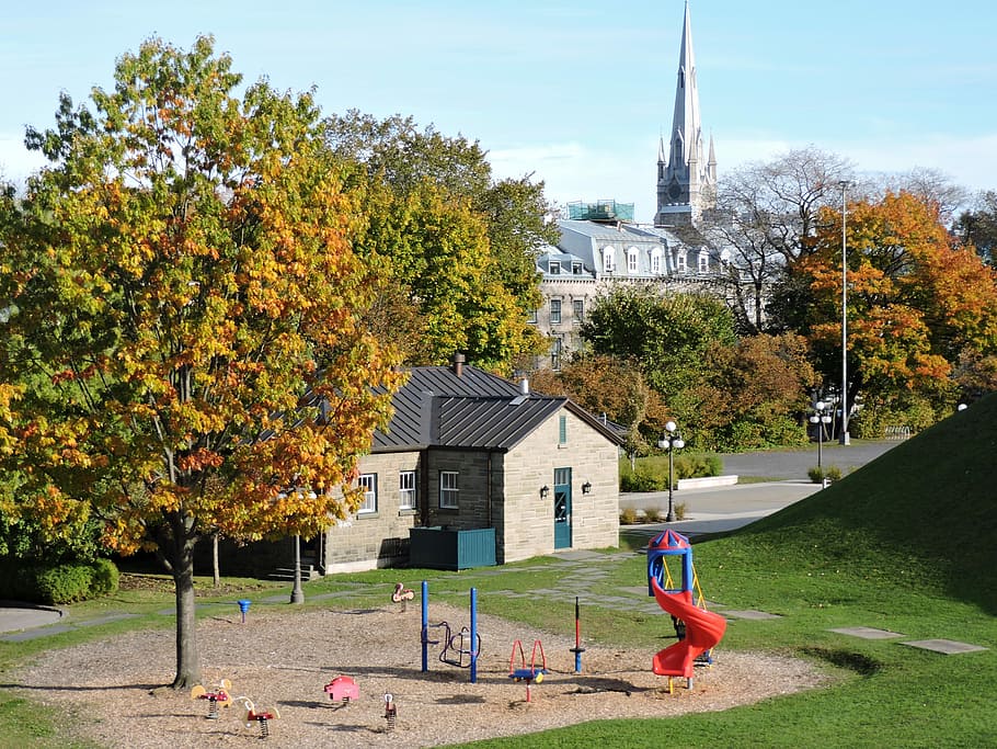 albero, all'aperto, architettura, autunno, Casa, parco, Québec, Canada, cittadina, estate, struttura costruita, esterno dell'edificio, pianta, costruzione, modificare, natura, giorno, luogo di culto, persone reali, cielo, spiritualità, città, religione, credenza, stili di vita, guglia, 4K