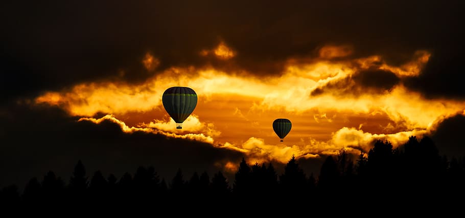 lys, flyvningen, daggry, landskab, eventyr, baggrundsbelyst, skyer, skumring, aften, festival, flyve, guld, varmluftballon, udendørs, silhuet, himmel, sol, solnedgang, rejse, træer, vejr, luftfartøj, ballon, flyvende, transportmidler, Midt i luften, natur, sky - himmel, dramatisk himmel, miljø, scenics - natur, ingen mennesker, transportform, træ, mørk, ballooning festival, 8K