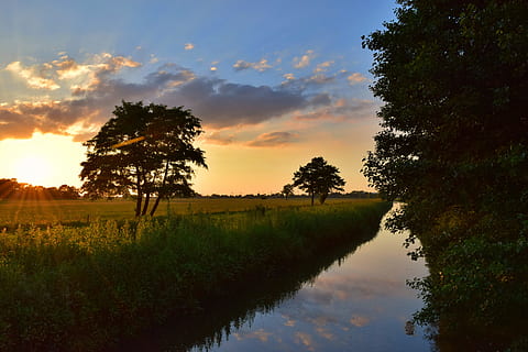 ved siden af, afgrødefelt, aften, solnedgang, flod, sommer, Abendstimmung, skyer, natur, regning, humør, aftenhimmel, aftenlys, outlook, træ, scenics, afspejling, landbrug, landskab, himmel, plante, vand, skønhed i naturen, ro, scenics - natur, rolig scene, vækst, sky - himmel, græs, ikke-urbane scene, Mark, ingen mennesker, jord, udendørs, kanal, 5K, CC0, offentligt domæne, royaltyfrie