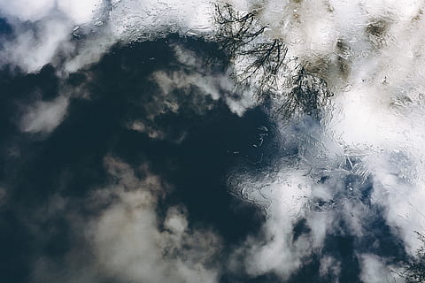 icy, river, Reflection, abstract, nature, weather, blue, sky, cloud - Sky, backgrounds, outdoors, cloudscape, overcast, day, meteorology, climate, space, no people, storm, winter, cold temperature, full frame, snow, pattern, frozen, snowflake, beauty in nature, window, tranquility, ice, abstract backgrounds, 4K, CC0, public domain, royalty free