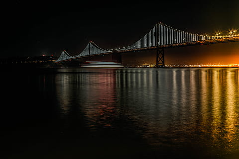 buktebro, høy, bro, lys, natt, refleksjon, by, Urban, bukt, nattfotografering, lang eksponering, Bay Area Bridge, kystområde, San Fransisco, vann, arkitektur, forbindelse, bygget struktur, bro - menneskeskapte struktur, transport, reisemål, himmel, belyst, hengebro, ingen folk, natur, reise, utendørs, 5K, CC0, offentlig domene, opphavsrett gratis