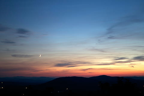 dusk, sky, sunset, twilight, beauty in nature, scenics - nature, cloud - sky, silhouette, orange color, tranquility, tranquil scene, mountain, nature, idyllic, no people, non-urban scene, mountain range, environment, landscape, outdoors, flying, moon, romantic sky, 4K, CC0, public domain, royalty free