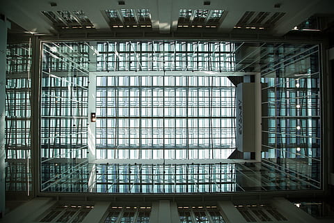 ceiling, skylight, windows, reflection, architecture, built structure, glass - material, indoors, window, building, day, transparent, no people, modern, glass, city, low angle view, pattern, business, sunlight, nature, 1080P, CC0, public domain, royalty free