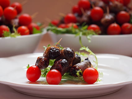 tapas, reception, devils on horseback, snack, food, cherry tomatoes, food and drink, fruit, healthy eating, plate, freshness, close-up, indoors, ready-to-eat, no people, wellbeing, focus on foreground, vegetable, table, bowl, tomato, berry fruit, still life, cherry tomato, red, temptation, 4K, CC0, public domain, royalty free