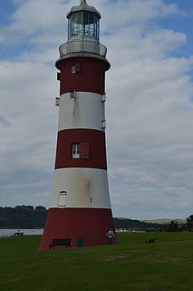 lighthouse, white, red, tower, guidance, architecture, cloud - sky, built structure, sky, building exterior, protection, security, direction, grass, nature, building, safety, land, day, field, plant, no people, outdoors, 4K, CC0, public domain, royalty free