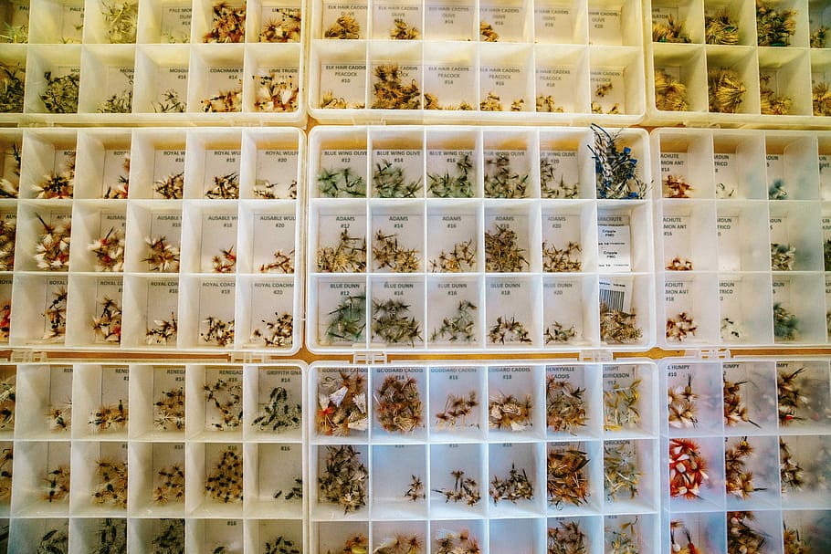 assorteret farve samling, inde, arrangører, assorted-farve tilbehør parti, fiskeri, rum, organiseret, flyve, boks, i en række, baggrunde, ingen mennesker, indendørs, fuld ramme, stor gruppe af objekter, side om side, gentagelse, bestille, arrangement, mønster, mad og drikke, overflod, mad, tæt på, hylde, stilleben, dag, gitter, 4K