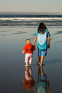 ocean, strand, afspejling, sand, hav, sommer, vand, bølge, kyst, mennesker, børn, helligdage, gå, to personer, samvær, familie, barn, barndom, bonding, kærlighed, fuld længde, jord, afslappet tøj, rigtige mennesker, fritidsaktivitet, hunner, livsstil, Kvinder, bagfra, positive følelser, horisont over vand, udendørs, søster, 2K, CC0, offentligt domæne, royaltyfrie