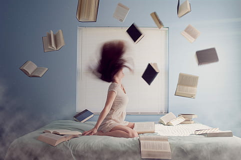 woman, white, dress, throwing, assorted, books, whipping, hair, bed, woman in white, white dress, women, book, indoors, adult, one Person, image Technique, image Type, time Of Day, human Age, bedroom, caucasian Ethnicity, viewpoint, color Image, moving Activity, physical Position, household Equipment, one Woman Only, ethnicity, young Women, only Women, females, furniture, adults Only, home Interior, printed Media, sitting, man Made Object, information Equipment, reading, blurred motion, motion, publication, domestic room, full length, hairstyle, real people, casual clothing, lifestyles, large group of objects, contemplation, electric lamp, 4K, CC0, public domain, royalty free