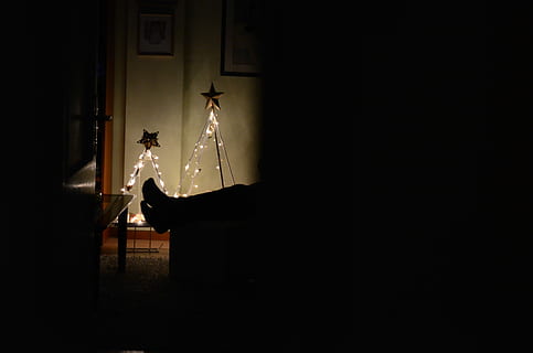 photo, deux, Sapin de Noël, À 5 pointes, fleuron étoile, guirlandes lumineuses, étoile, fleuron, chaîne, lumières, à l'intérieur, église, personnes, foncé, horreur, silhouette, effrayant, un animal, illuminé, matériel d'éclairage, espace de copie, chambre domestique, nuit, intérieur de la maison, modes de vie, une personne, architecture, religion, Noël, Vrais gens, fête, vue de côté, 2K, CC0, domaine public, libre de droits