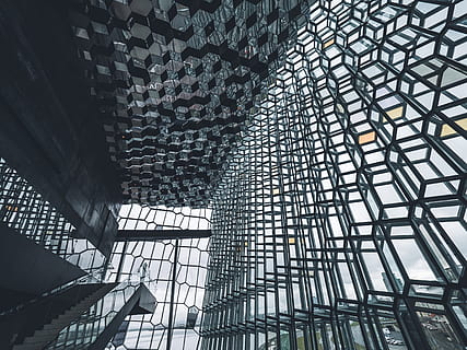 architecture, building, infrastructure, interior, design, concert, hall, harpa, built structure, low angle view, pattern, no people, day, building exterior, ceiling, travel destinations, glass - material, travel, modern, architectural feature, outdoors, tourism, sunlight, full frame, skylight, architecture and art, 4K, CC0, public domain, royalty free