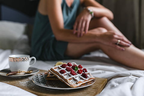 breakfast, bed, -, waffles, raspberries, cup, coffee, tray, Breakfast in bed, cup of coffee, interior, cafe, indoor, espresso, raspberry, bedroom, women, adult, people, females, food, lifestyles, indoors, adults Only, caucasian Ethnicity, relaxation, men, part Of, love, sitting, holding, drink, morning, close-up, human body part, only women, plate, table, food and drink, sweet food, sweet, freshness, dessert, one person, human hand, baked, coffee cup, hand, temptation, crockery, 4K