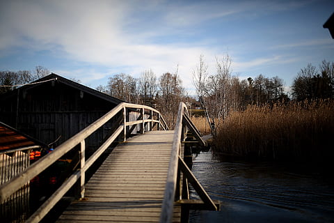 natur, himmel, vand, skyer, boardwalk, bro, kabine, Skov, græs, idyllisk, flod, landdistrikterne, naturskøn, træer, træ, bygget struktur, plante, arkitektur, træ - materiale, sky - himmel, forbindelse, rækværk, ingen mennesker, sø, dag, retning, bro - menneskeskabt struktur, vejen frem, udendørs, gangbro, lang, 4K, CC0, offentligt domæne, royaltyfrie