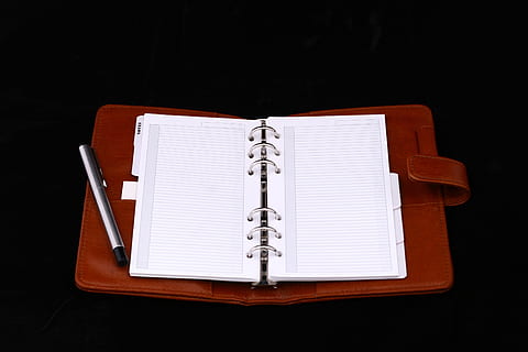 notebook, pen, paper, diary, blank, page, planner, note pad, black background, open, spiral notebook, publication, book, studio shot, indoors, no people, personal organizer, reminder, directly above, red, calendar, white color, education, 2K, CC0, public domain, royalty free