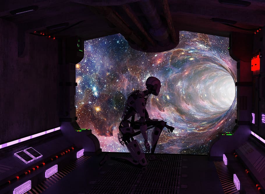 robot, endins, nau espacial, viatjant, temps, indústria, espai, llum, sol, remolí, univers, planeta, cosmos, cel, cel estrellat, galàxia, viatge espacial, sci fi, llums, cyborg, música, gent, dues persones, nit, instrument musical, cultura i entreteniment artístic, arquitectura, a l'interior, tecnologia, longitud completa, habilitat, adult, artista, equipament musical, estrella - espai, estructura construïda, astronomia, compost digital, 2K