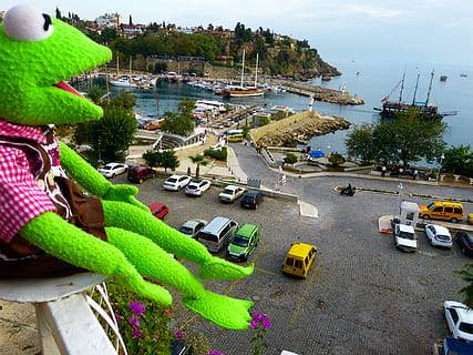 Kermit, Frog, View, Antalya, Port, green, autos, road, sea, deep, steep, transportation, high angle view, outdoors, day, no people, building exterior, mode of transportation, water, city, architecture, car, nature, plant, built structure, land vehicle, motor vehicle, incidental people, street, representation, nautical vessel, 4K, CC0, public domain, royalty free
