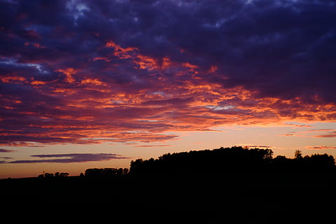 dawn, nature, sky, clouds, backlit, dusk, environment, idyllic, scenic, silhouette, tranquil, sunset, cloud - sky, scenics - nature, beauty in nature, tranquil scene, tranquility, landscape, orange color, dramatic sky, no people, tree, non-urban scene, plant, cloudscape, outdoors, dark, romantic sky, 4K, CC0, public domain, royalty free