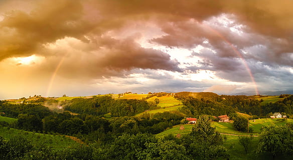 antenne, fotografering, Skov, regnbue, vejr, himmel, skyer, panorama, bakker, landskab, naturskøn, træer, natur, udendørs, smuk, Land, landdistrikterne, Rumænien, hdr, scenics, skønhed i naturen, Mark, sky - himmel, rolig scene, landlige scene, træ, ro, miljø, scenics - natur, plante, jord, dramatisk himmel, bjerg, solnedgang, solstråle, ingen mennesker, græs, sol, 1080P, CC0, offentligt domæne, royaltyfrie