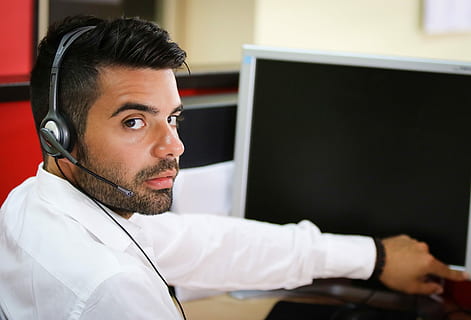 man, wearing, white, dress shirt, technology, computer, male, enterprise, one person, portrait, listening, headshot, adult, men, office, business, beard, indoors, business person, young men, occupation, young adult, sitting, facial hair, confidence, beautiful people, contemplation, 5K, CC0, public domain, royalty free