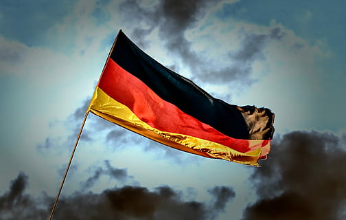 germany flag, cloudy, sky, daytime, flag, germany, dramatic, windy, flutter, black red gold, german, clouds, dark, light blue, wind, rod, bright, cloud - sky, environment, yellow, nature, low angle view, patriotism, day, red, outdoors, no people, emotion, textile, black color, waving, multi colored, 2K, CC0, public domain, royalty free