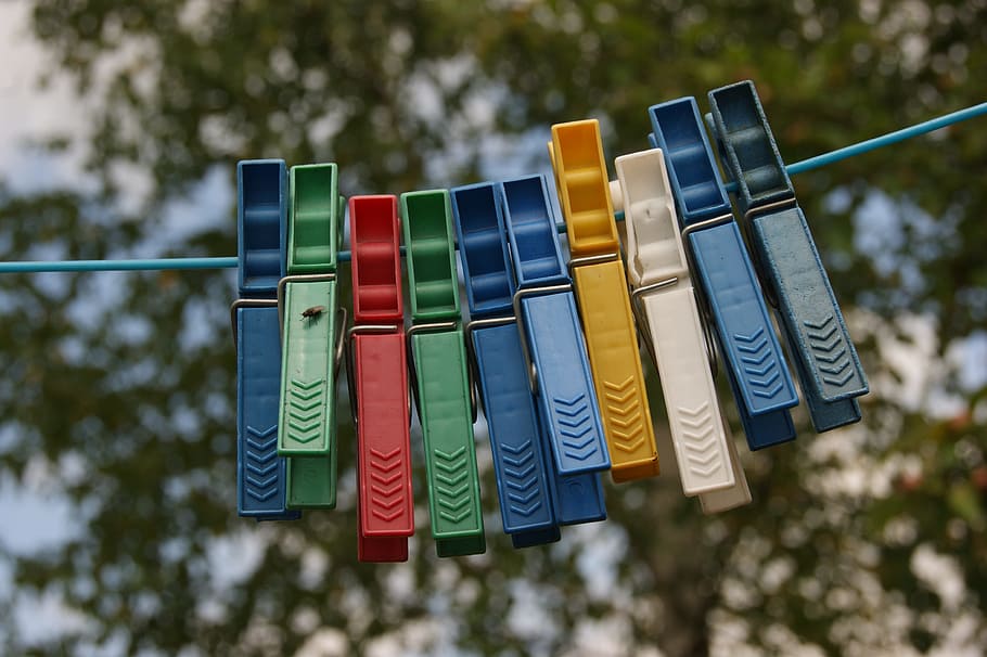 cadena, aglutinant, rentar, blau, color, verd, vermell, groc, colors, centrar-se en primer pla, penjant, estenedor, pinça de roba, multicolor, arbre, dia, cap gent, naturalesa, planta, costat a costat, a l'aire lliure, roba, en fila, variació, corda, primer pla, grup d'objectes, gran grup d'objectes, 4K