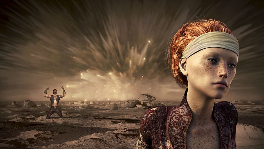 dona, portar, cartell de joc de diadema, fantasia, desastre, destrucció, fi del temps, endavant, malson, surrealista, futurista, trist, por, humor, composició, escena, muntatge fotogràfic, místic, misteriós, atmosfera, estrany, somni, paisatge, fantàstic, femella, màgia, misticisme, atmosfèric, home, desesperat, desert, naturalesa, marró, sec, es redueix, estèril, les trepitges encallades, deshidratat, dones, gent, adult, cel, nen, infància, femelles, bellesa, cultura i entreteniment artístic, descendència, noies, barreteria, retrat, terra, focs artificials, roba, esdeveniment, exhibició de focs artificials, rostre humà, 4K