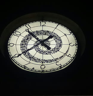 clock, pointer, clock face, time of, black, large, fassadenuhr, pattern, indoors, geometric shape, circle, shape, no people, lighting equipment, close-up, design, illuminated, low angle view, chandelier, dark, ceiling, hanging, electric light, light, directly below, studio shot, decoration, black background, electric lamp, luxury, glass, light fixture, ornate, 1080P, CC0, public domain, royalty free