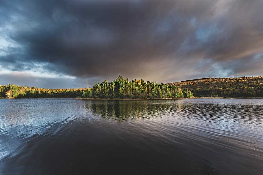 grøn, skovøen, berolige, legeme, vand natur fotografering, landskabsfoto, vand, ø, træ, sø, Sky, himmel, afspejling, overskyet, regnfuld, jorden, farve, natur, solnedgang, Skov, Canada, sky - himmel, skønhed i naturen, scenics - natur, ro, rolig scene, miljø, plante, jord, ingen mennesker, storm, udendørs, 5K