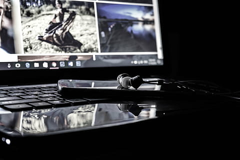 turned-on, flat, screen, monitor, close, photo, laptop, computer, gadget, modern, technology, electronics, research, work, business, mobile, phone, earphone, reflection, indoors, no people, close-up, day, table, computer equipment, glass - material, communication, transparent, absence, keyboard, still life, focus on foreground, selective focus, household equipment, desk, glass, connection, 4K, CC0, public domain, royalty free