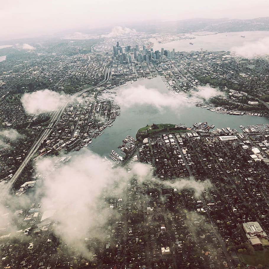 aèria, fotografia, ciutat, durant el dia, foto, alt, edificis elevats, paisatge urbà, vista del drone, núvols, cloudscape, canviant d'humor, aviat gris, Seattle, terreny, llac, cityline, vista sobre la ciutat, ciutat al costat del mar, mar, aigua, riu, vista per satèl·lit, mapa, cartografia, pnw, arquitectura, exterior de l'edifici, estructura construïda, vista d’angle alt, vista aèria, naturalesa, destinacions de viatge, cap gent, cel, edifici, dia, turisme, boira, arbre, a l'aire lliure, exterior d’edifici d’oficines, gratacels, 1080P
