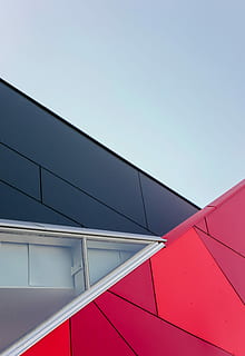 closeup, photo, black, red, building, gray steel frame, architecture, facade, window, pink, sly, cladding, exterior, design, manmade, converge, geometric, geometry, line, art, built structure, building exterior, low angle view, day, no people, sky, clear sky, modern, nature, copy space, sunlight, glass - material, outdoors, reflection, wall - building feature, blue, pattern, 5K, CC0, public domain, royalty free