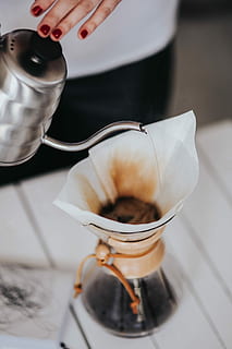 pouring, water, chemex filter coffee maker, Woman, Chemex, filter coffee, coffee maker, coffee, cafe, hot water, expresso, food, cooking, gourmet, food And Drink, preparation, one person, indoors, human body part, drink, human hand, hand, refreshment, freshness, holding, coffee - drink, real people, cup, women, making, preparing food, finger, 4K