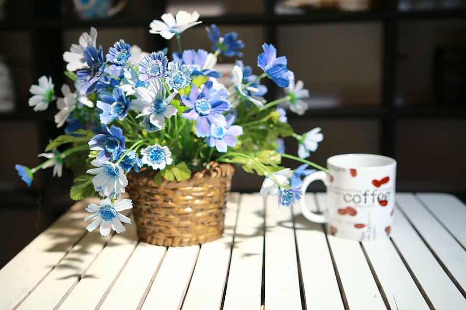 Weiß, rot, Kaffee gedruckt, Keramik, Becher, Blumendekor, Tasse, Blumen, Tabelle, Blume, keine Leute, Holz - Material, Tag, Sommer-, draußen, Frische, Natur, Nahansicht, blühende Pflanze, Pflanze, Container, Korb, Schönheit in der Natur, Zerbrechlichkeit, Verletzlichkeit, Blau, Vase, Essen und Trinken, Wachstum, Blumentopf, Blütenkopf, lila, Tischset, 5K