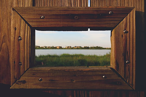 grass, lake, river, view, window, wooden, wood - Material, nature, no people, sky, landscape, day, scenics - nature, tranquility, plant, land, tranquil scene, tree, environment, brown, beauty in nature, architecture, water, indoors, wood, 2K, CC0, public domain, royalty free