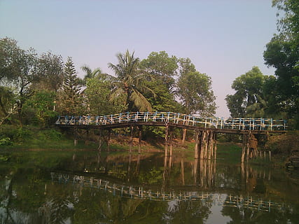 Índia, cel, núvols, pont, escènic, arbres, corrent, aigua, reflexions, naturalesa, fora, palmeres, país, camp, arbre, reflexió, planta, estructura construïda, connexió, davant del mar, arquitectura, pont - estructura feta per l'home, dia, riu, cap gent, transport, cel clar, creixement, a l'aire lliure, pont d’arc, 2K, CC0, domini públic, lliure de regalies