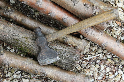 strumento, ascia, accetta, legname, legna, ceppo, tritare, legna da ardere, taglio, acuto, albero, legno - materiale, nessuno, grande gruppo di oggetti, giorno, foresta, strumento di lavoro, avvicinamento, natura morta, vista dall'alto, arrugginito, abbondanza, natura, la deforestazione, metallo, fotogramma intero, industria del legname, all'aperto, 5K, CC0, dominio pubblico, privo di copyright