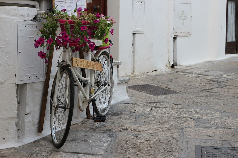 bicicleta, restaurant, flors, jardinera, estiu, puglia, ostuni, al sud, Itàlia, centre històric, transport, vehicle terrestre, arquitectura, manera de transport, exterior de l'edifici, flor, estructura construïda, planta amb flors, cap gent, planta, dia, estacionari, entrada, edifici, porta, ciutat, carrer, naturalesa, cistella, a l'aire lliure, llambordes, roda, 5K