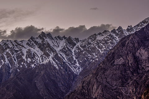 climb, clouds, cold, cones, fog, glacier, hike, ice, landscape, mountain, mountain peak, mountains, nature, outdoors, peak, pinnacle, rock, rocky mountain, scenic, sky, snow, sunset, travel, valley, winter, beauty in nature, scenics - nature, environment, mountain range, cloud - sky, tranquil scene, rock - object, tranquility, cold temperature, no people, tree, coniferous tree, dramatic landscape, snowcapped mountain, pine tree, 5K, CC0, public domain, royalty free