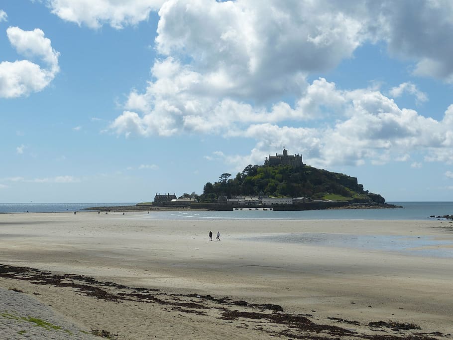 Anglie, cornwall, mount, st michael, hrad, pevnost, historicky, zeď, ostrov, moře, atlantický, pláž, mraky, odliv, přistát, nebe, voda, mrak - nebe, scenics - příroda, krása v přírodě, písek, klid, klidné scény, den, Příroda, idylický, venku, nikdo, mimoměstské scény, horizont, 4K