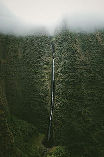 waterfall, mountain, covered, trees, waterfalls, green, white, clouds, foilage, tree, ridge, water, beauty in nature, scenics - nature, plant, tranquil scene, tranquility, day, no people, non-urban scene, green color, environment, fog, nature, land, landscape, outdoors, idyllic, growth, flowing water, 4K, CC0, public domain, royalty free