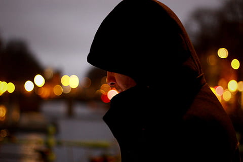 close, photo, person, wearing, hoodie, bokeh, lights, macro, man, street, city, one person, night, headshot, architecture, illuminated, side view, city life, adult, focus on foreground, hat, portrait, clothing, profile view, dusk, sky, outdoors, contemplation, light, 5K, CC0, public domain, royalty free