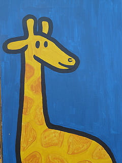giraffe, comic, figure, image, paint, cartoon character, drawing, funny, animal, cheerful, yellow, blue, no people, close-up, communication, mode of transportation, full frame, day, transportation, art and craft, backgrounds, sign, creativity, text, outdoors, number, detail, multi colored, western script, 2K, CC0, public domain, royalty free