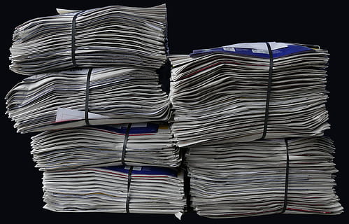 photo, six, pile, newspapers, brochures, stack, paper stack, waste paper, recycling, paper, disposal, commodity, large group of objects, abundance, no people, newspaper, still life, indoors, close-up, the media, black background, communication, studio shot, arrangement, pattern, order, bundle, tied up, folded, balance, 4K, CC0, public domain, royalty free