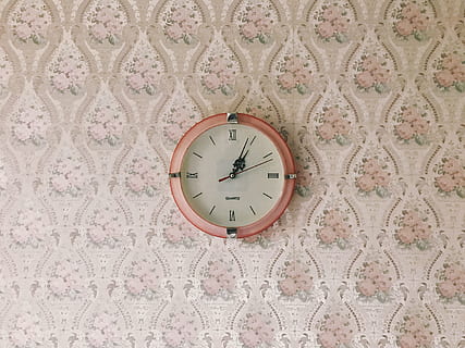 round peach-color, framed, analog clock, 1:04, round, orange, wall, clock, time, circle, art, accuracy, clock face, old-fashioned, indoors, day, hanging, wallpaper, no people, wall - building feature, pattern, geometric shape, shape, instrument of time, wall clock, minute hand, design, number, pink color, clock hand, close-up, floral pattern, 4K, CC0, public domain, royalty free