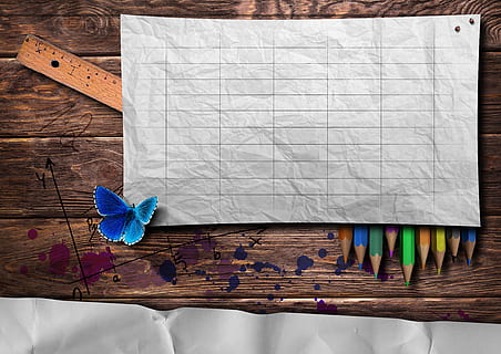 rectangular, white, case, colored, pencils, ruler, crumpled, paper, on top, colored pencils, timetable, school, plan, students, education, teaching, learn, planning, teacher, blank, wood - material, blue, indoors, no people, creativity, white color, table, copy space, directly above, art and craft, multi colored, still life, communication, empty, letter, nature, craft, close-up, message, 5K, CC0, public domain, royalty free